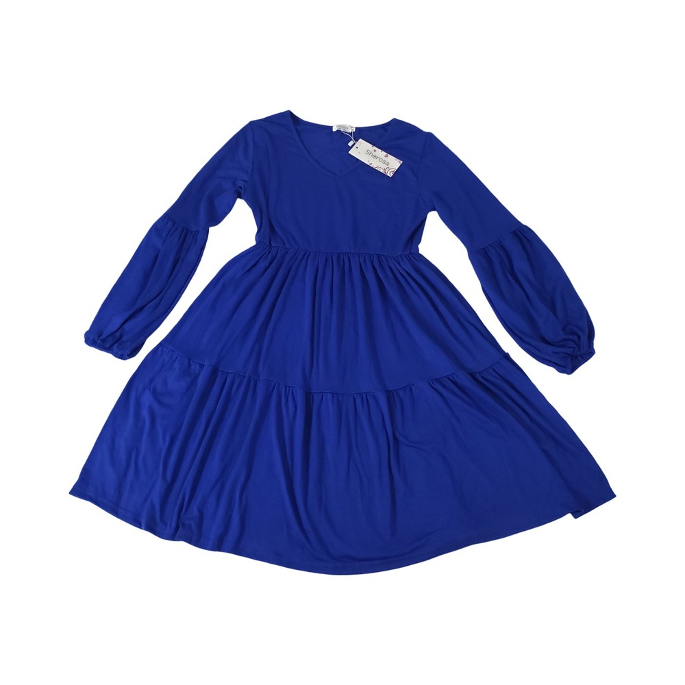 Sherosa Royal Blue Tiered Mini Dress V-Neck Lantern Sleeve Cotton Blend NEW